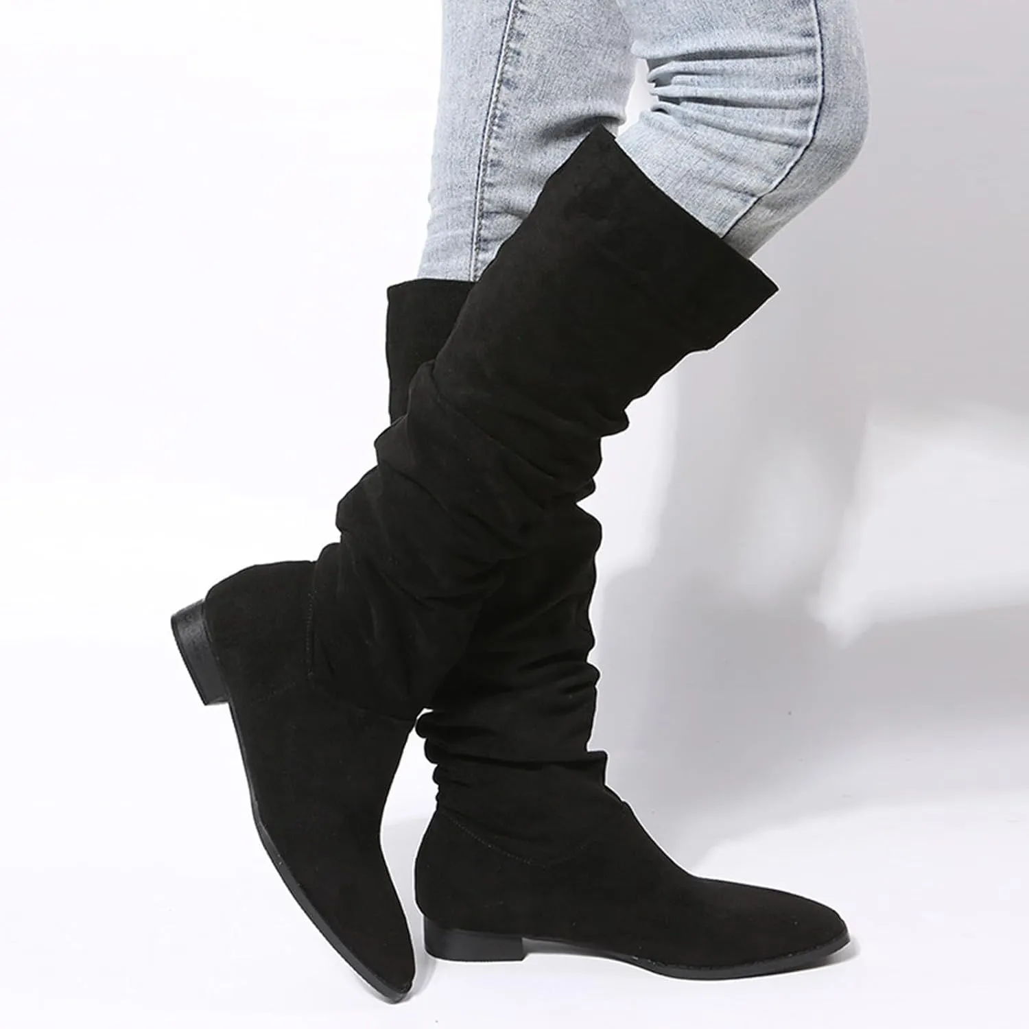 Knee Hight Boots for Women Pointed Toe Knee-High Boots Mid Chunky Heel Pull On Zippers Faux Cowboy Fashion Winter