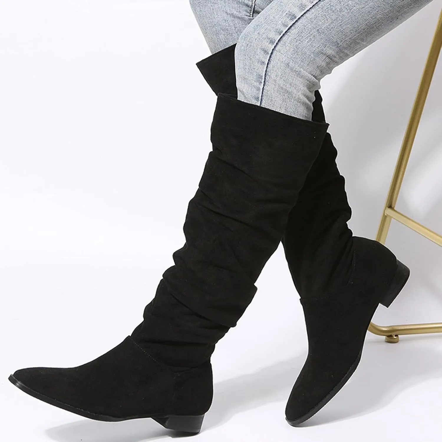 Knee Hight Boots for Women Pointed Toe Knee-High Boots Mid Chunky Heel Pull On Zippers Faux Cowboy Fashion Winter