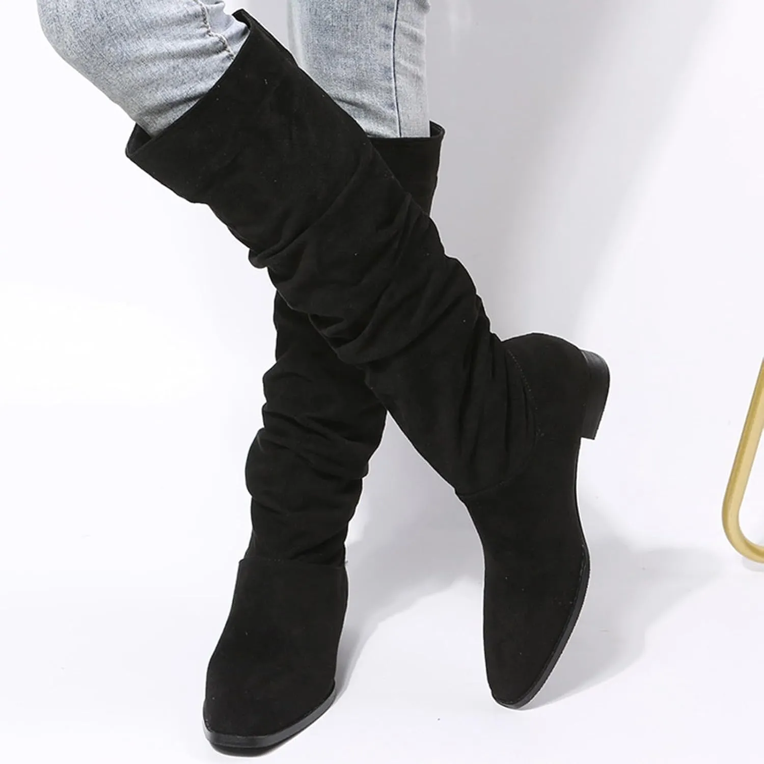 Knee Hight Boots for Women Pointed Toe Knee-High Boots Mid Chunky Heel Pull On Zippers Faux Cowboy Fashion Winter