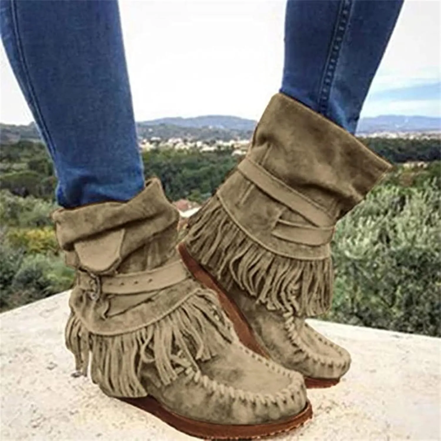 Lausiuoe Cowboy Boots For Women Wide Calf Wide Foot Fringe Western Dressy Cowgirl Ankle Boots Short Booties Shoes