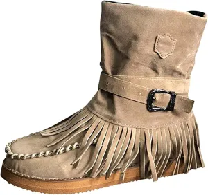 Lausiuoe Cowboy Boots For Women Wide Calf Wide Foot Fringe Western Dressy Cowgirl Ankle Boots Short Booties Shoes