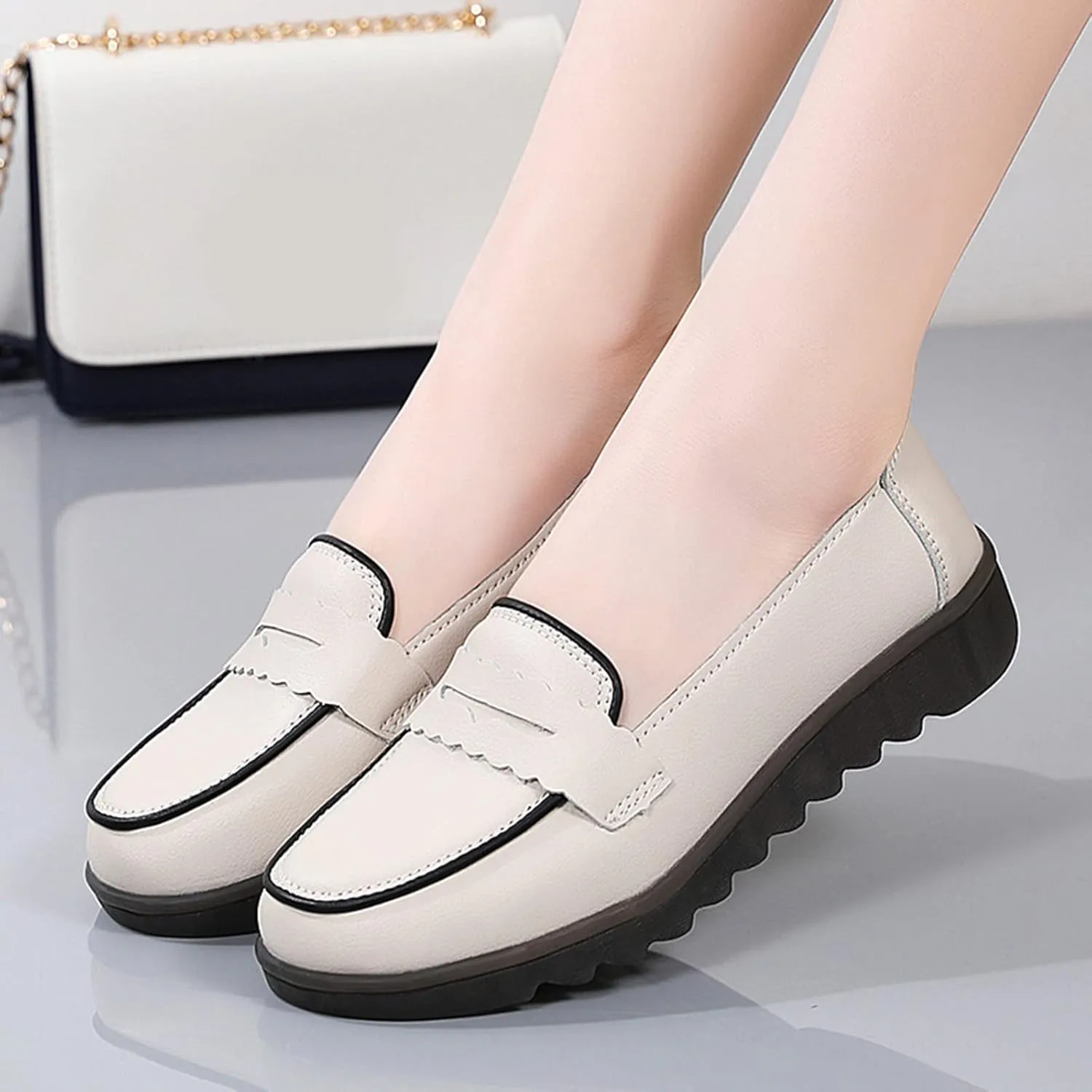 Lug Sole Leather Shoes for Women Comfortable Work Shoe Fashion Business Work Shoes Orthopedic Slip-On Loafers
