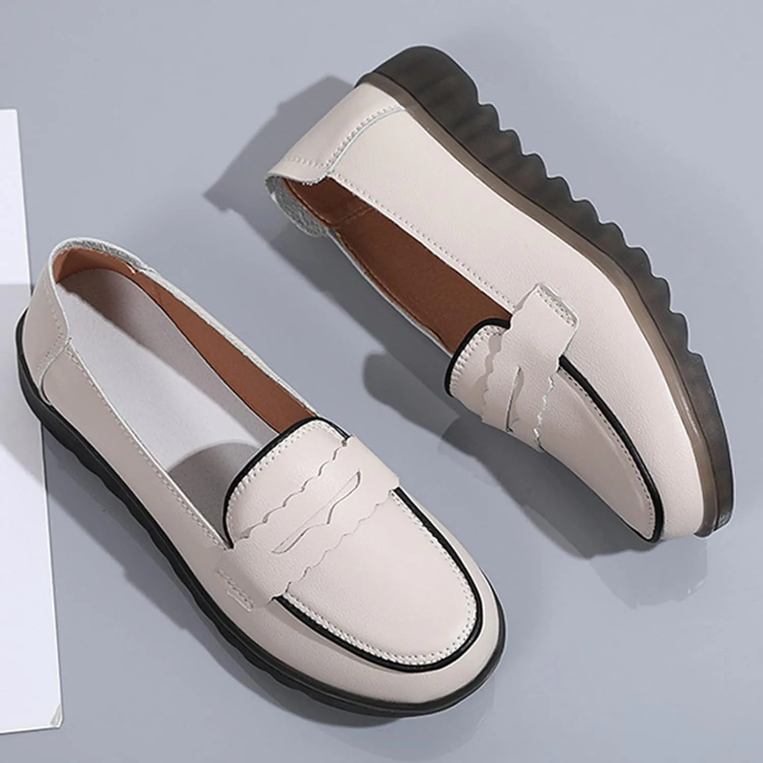 Lug Sole Leather Shoes for Women Comfortable Work Shoe Fashion Business Work Shoes Orthopedic Slip-On Loafers