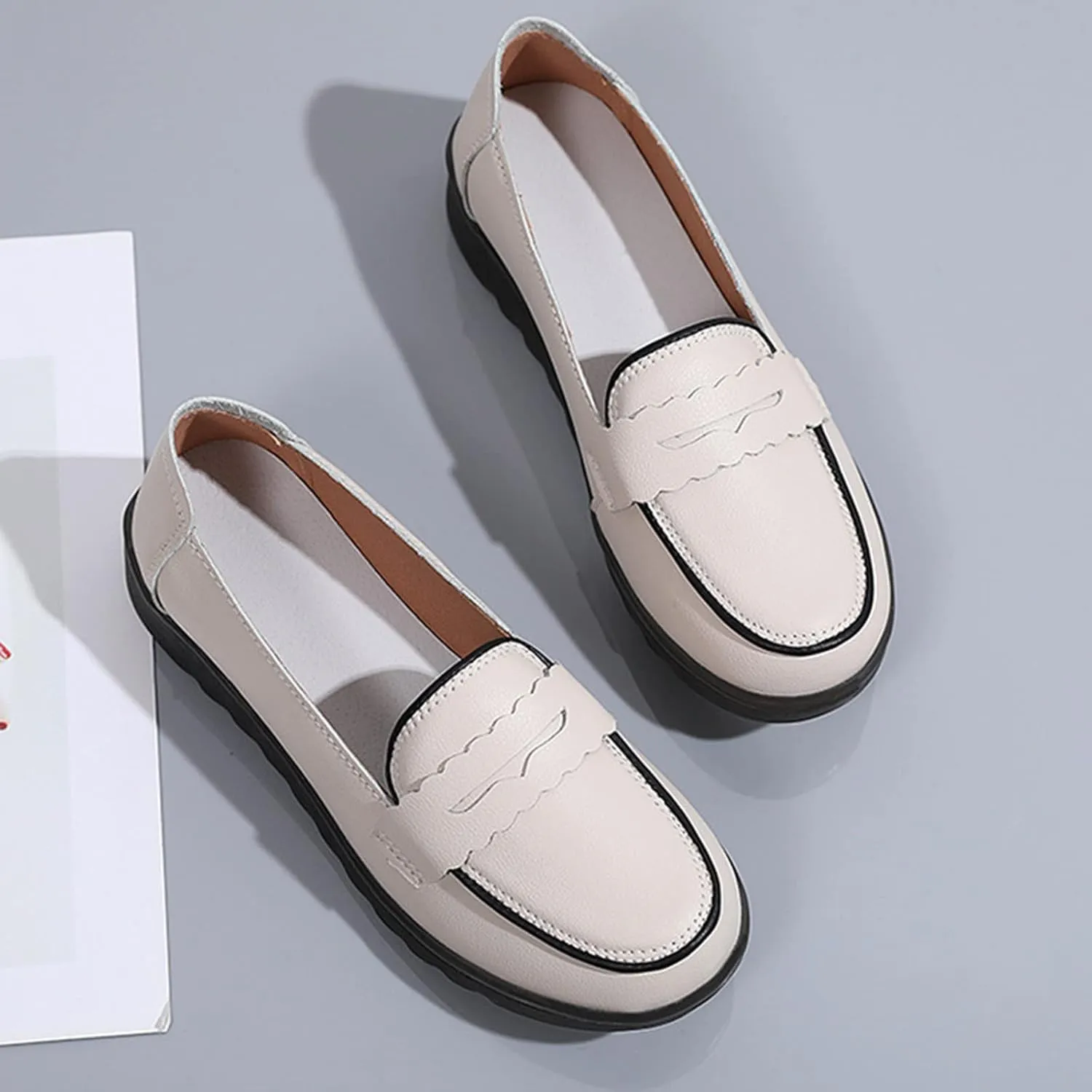 Lug Sole Leather Shoes for Women Comfortable Work Shoe Fashion Business Work Shoes Orthopedic Slip-On Loafers