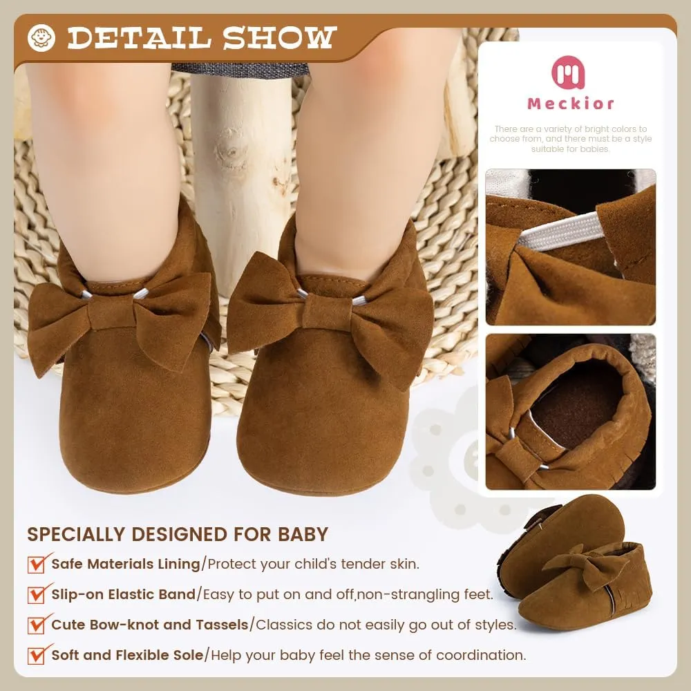 Meckior Infant Baby Girls Boys Premium Soft Sole Tassel Bowknot Moccasins Toddler Prewalker Princess Anti-Slip Crib Baptism Loafers Shoes