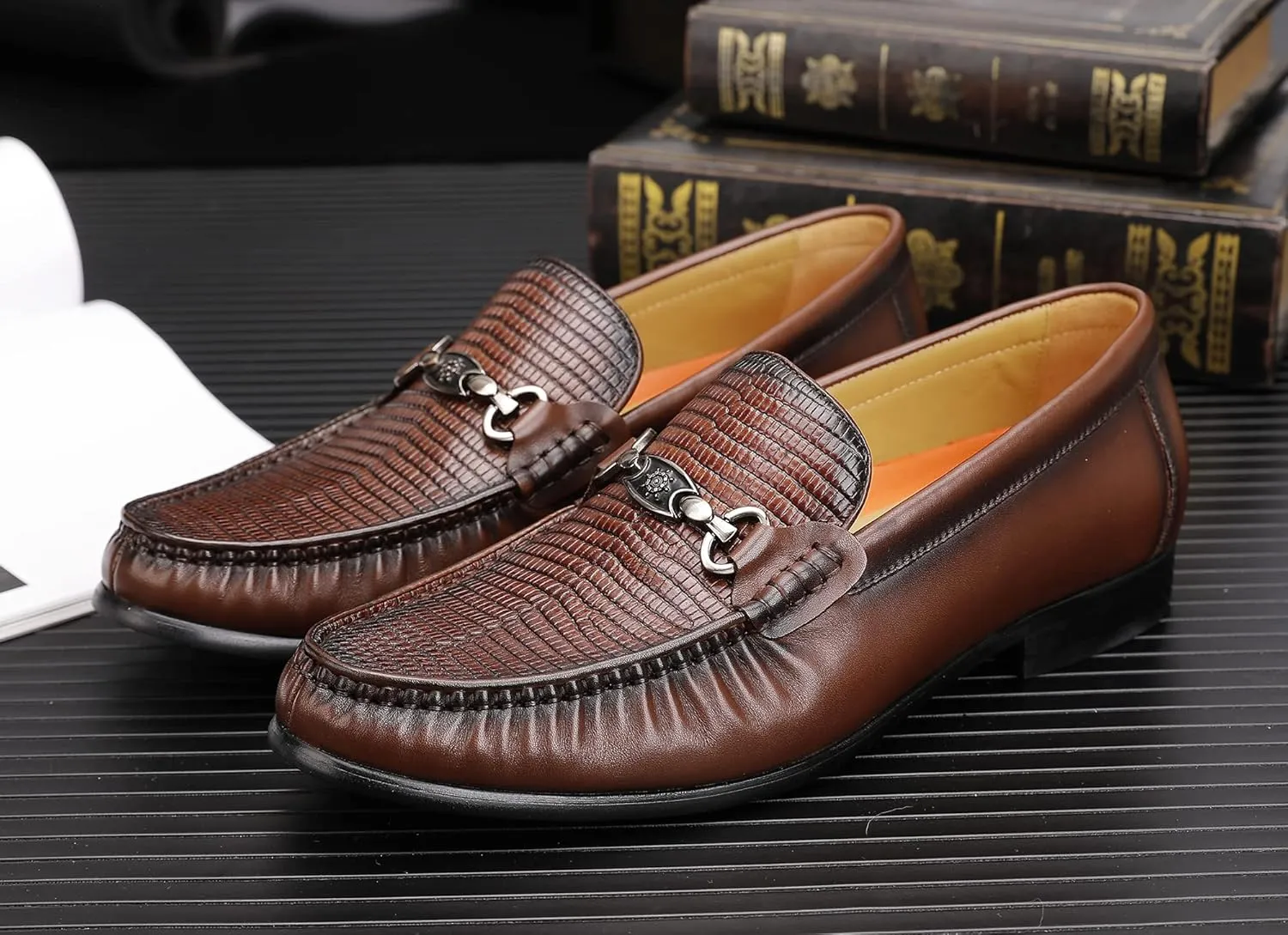 Mens Black Dress Shoes Featuring Hand Finishes, Classic Loafers Leather Slip-on Penny Party Wedding Shoes for Men