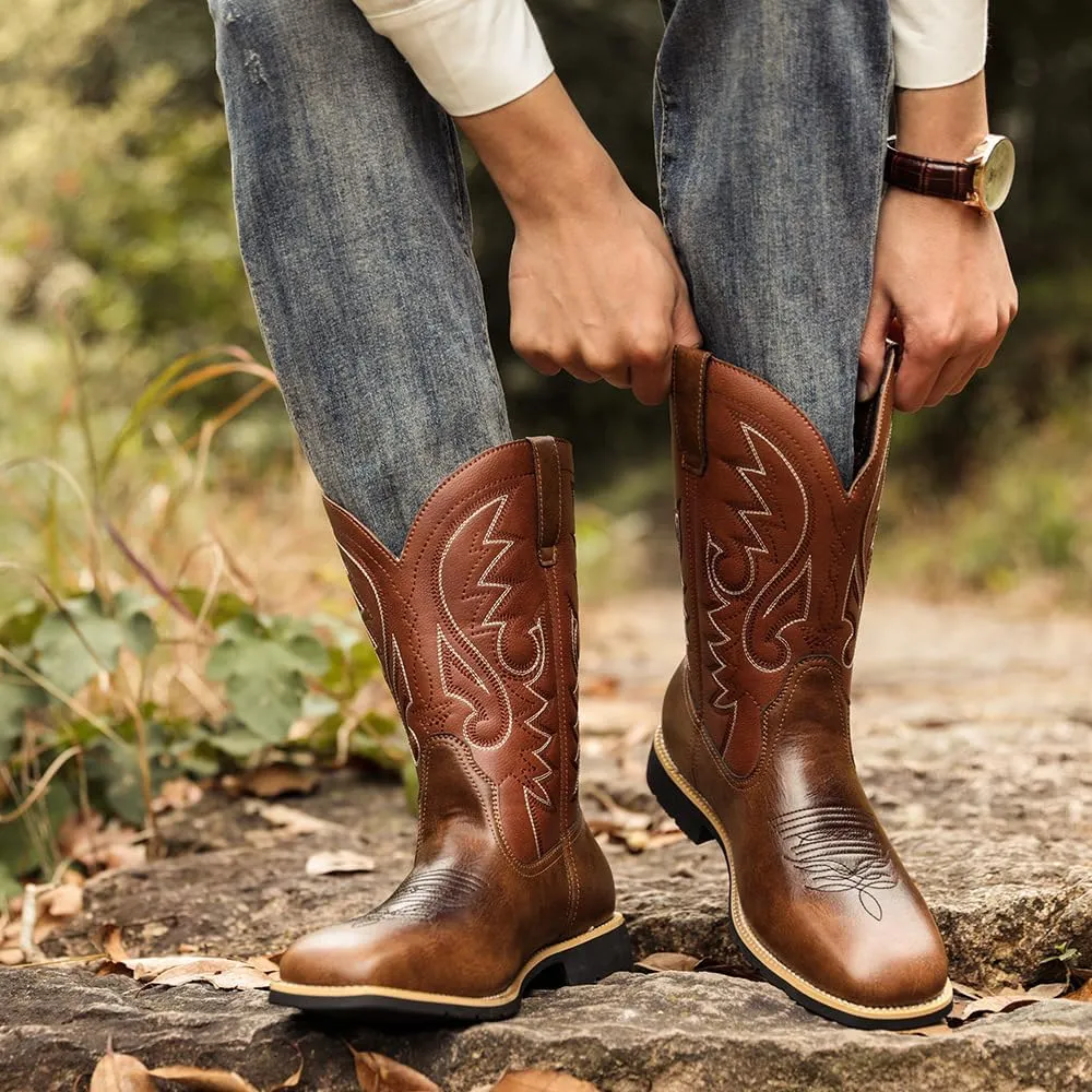 Men's Cowboy Boots,Men's Fashion High Tube Embroidery Retro Leather Boots Wide-head Western Cowboy Boots Middle Tube Thick Boots