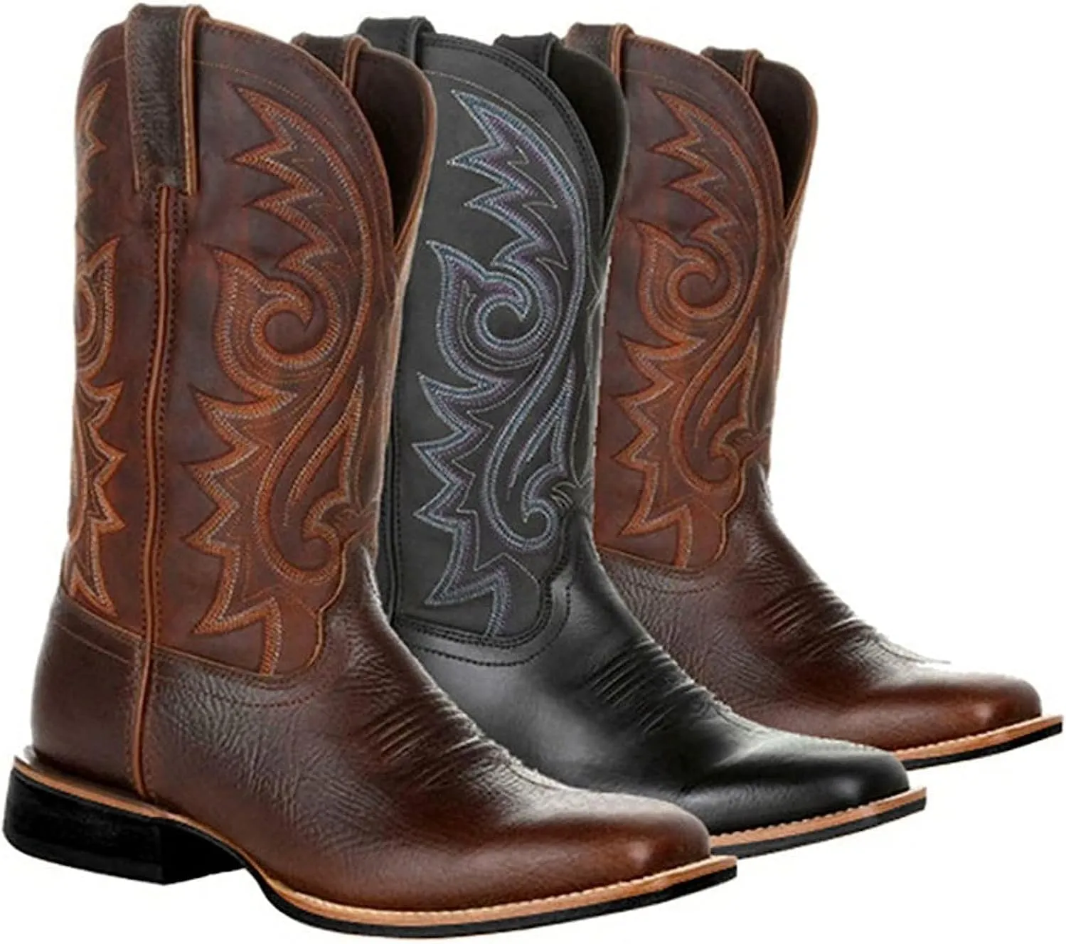 Men's Cowboy Boots,Men's Fashion High Tube Embroidery Retro Leather Boots Wide-head Western Cowboy Boots Middle Tube Thick Boots