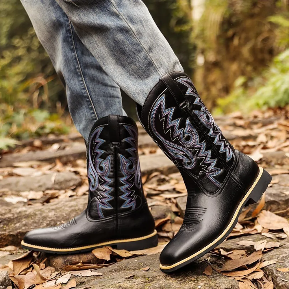 Men's Cowboy Boots,Men's Fashion High Tube Embroidery Retro Leather Boots Wide-head Western Cowboy Boots Middle Tube Thick Boots