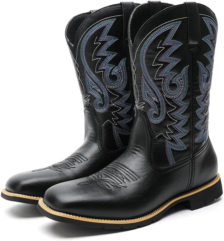 Men's Cowboy Boots,Men's Fashion High Tube Embroidery Retro Leather Boots Wide-head Western Cowboy Boots Middle Tube Thick Boots