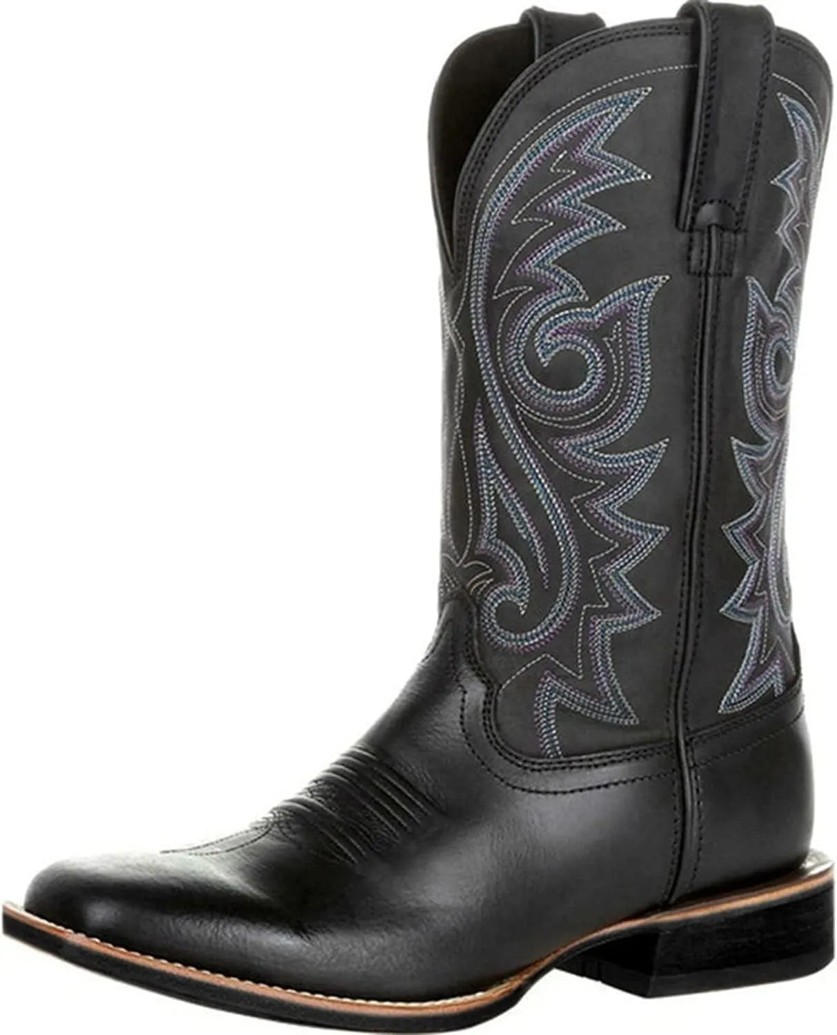 Men's Cowboy Boots,Men's Fashion High Tube Embroidery Retro Leather Boots Wide-head Western Cowboy Boots Middle Tube Thick Boots