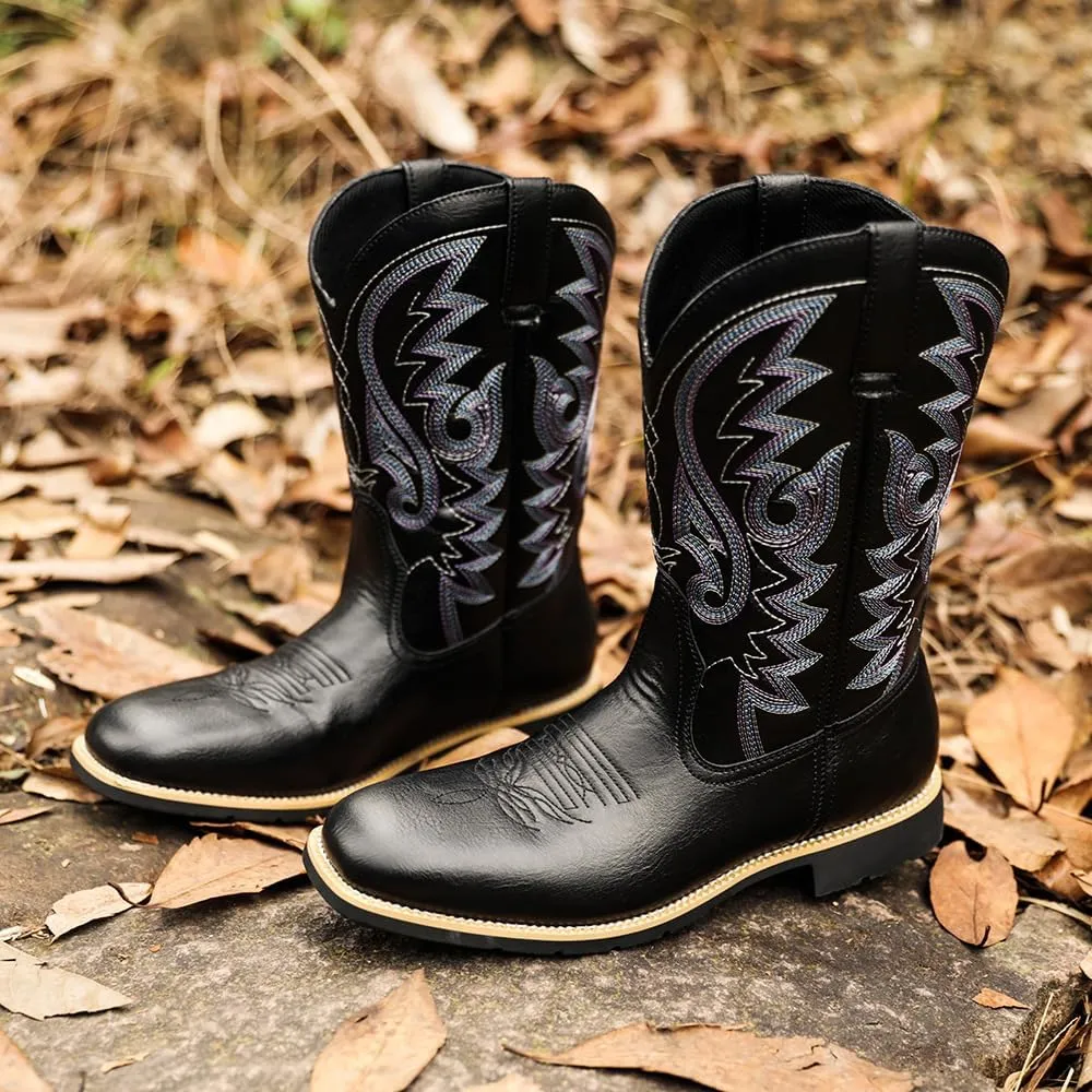 Men's Cowboy Boots,Men's Fashion High Tube Embroidery Retro Leather Boots Wide-head Western Cowboy Boots Middle Tube Thick Boots