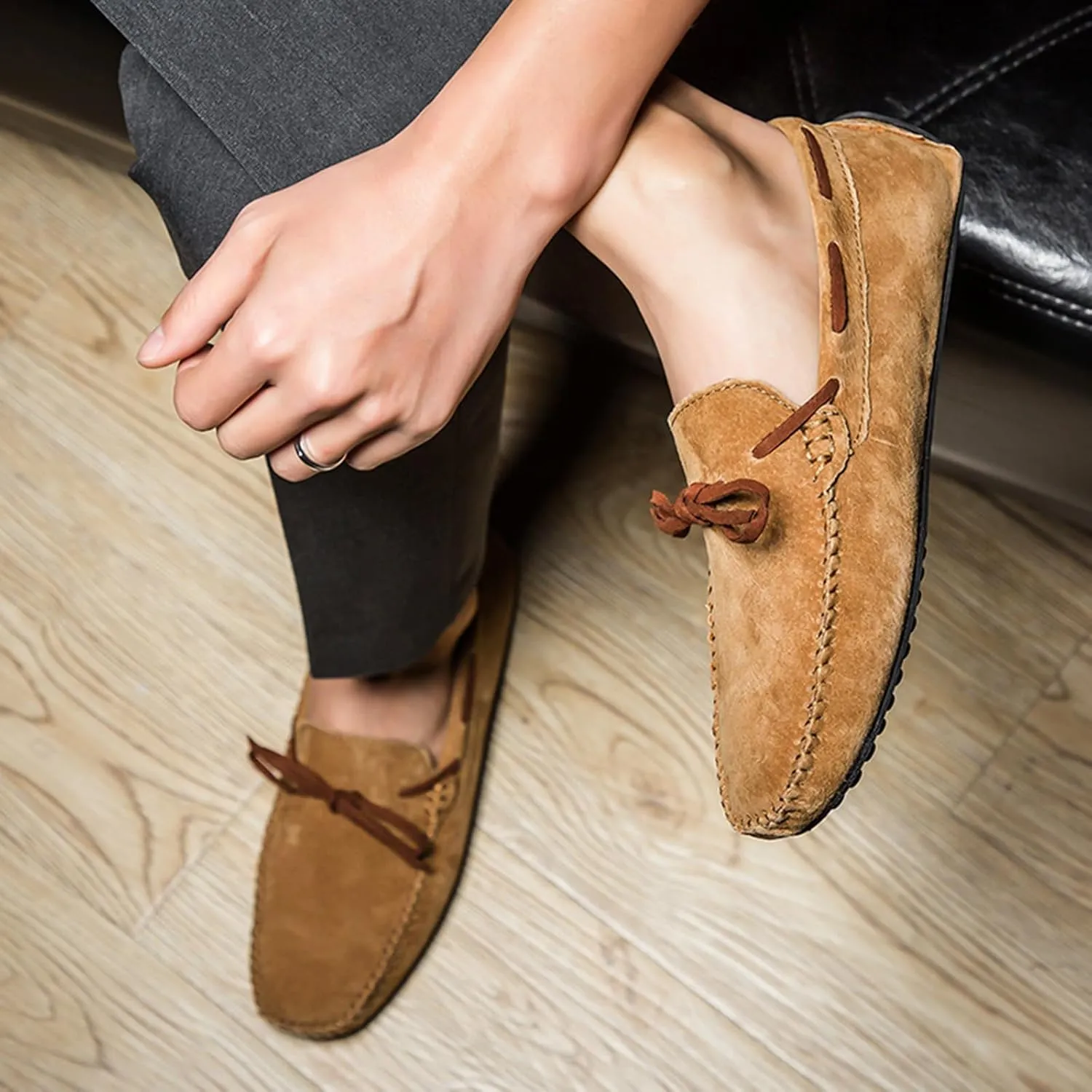 Men's Genuine Leather Moccasins Penny Loafers Casual Lace Up Slip On Gommino Flat Driving Shoes Comfort Dress Boat Shoes