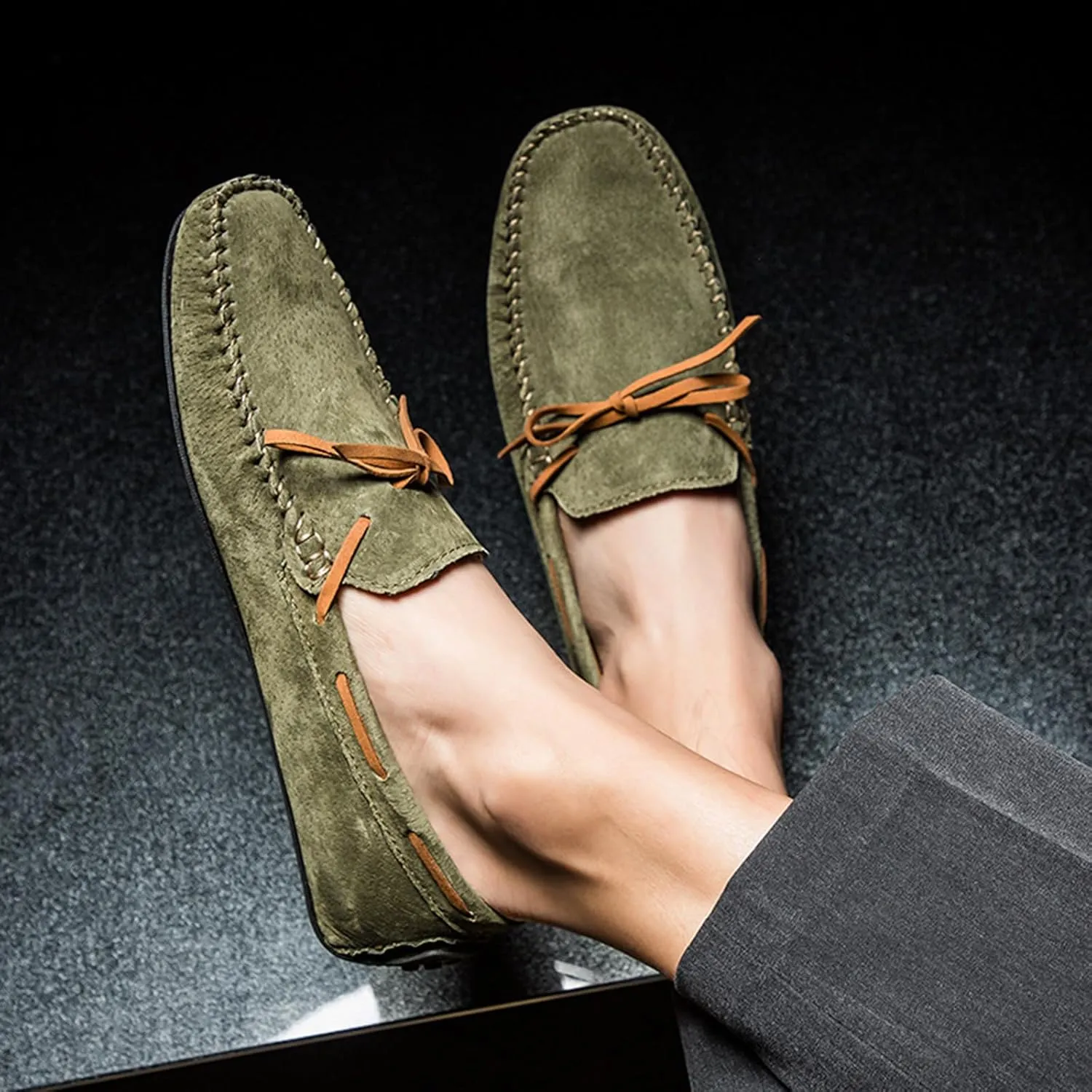 Men's Genuine Leather Moccasins Penny Loafers Casual Lace Up Slip On Gommino Flat Driving Shoes Comfort Dress Boat Shoes