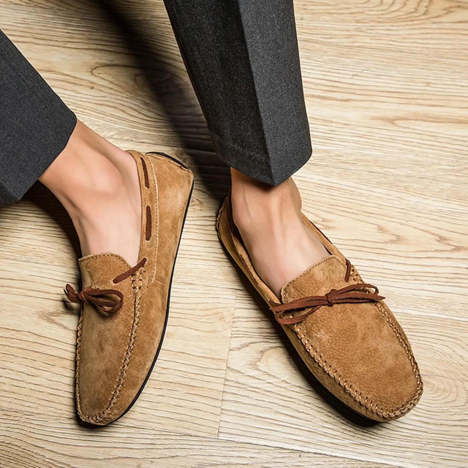 Men's Genuine Leather Moccasins Penny Loafers Casual Lace Up Slip On Gommino Flat Driving Shoes Comfort Dress Boat Shoes