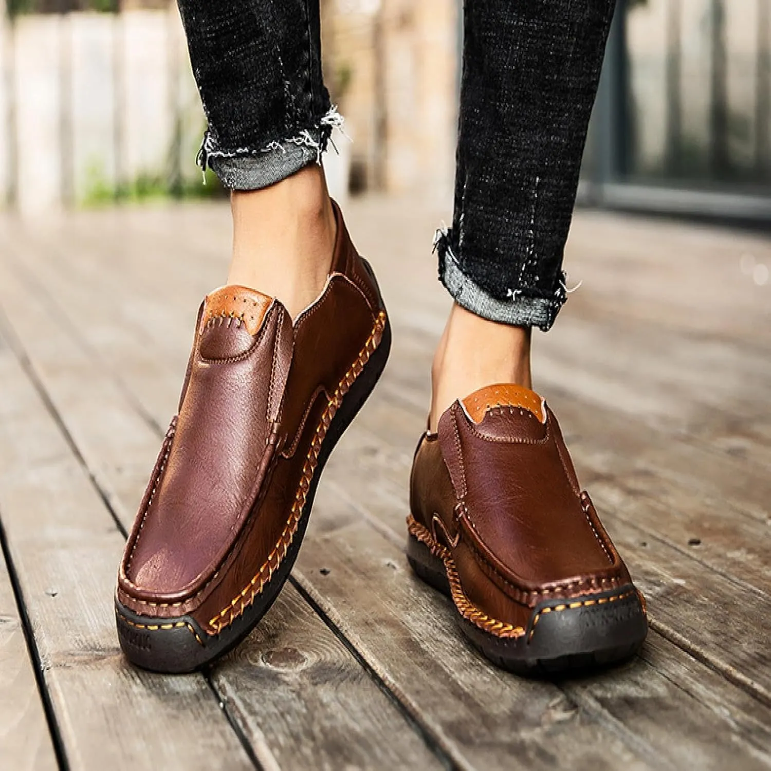 Men's Leather Loafers Slide-in Shoes, Casual Fashion Business Men's Office Driving Shoes