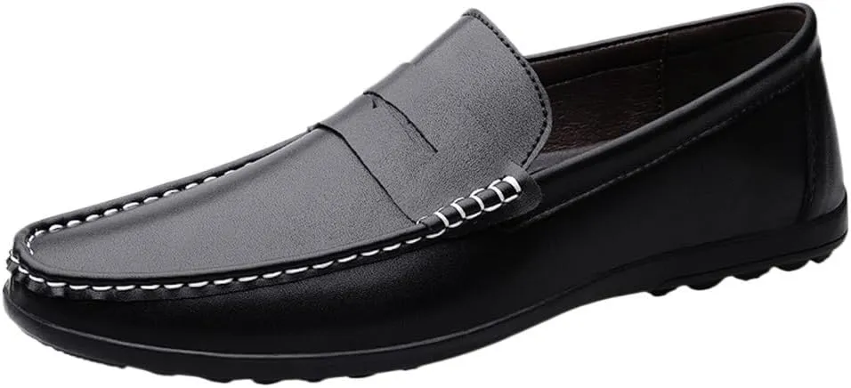 Mens Loafers Shoe Round Toe Simple Leather Slip Resistant Lightweight Fashion Slip-ons