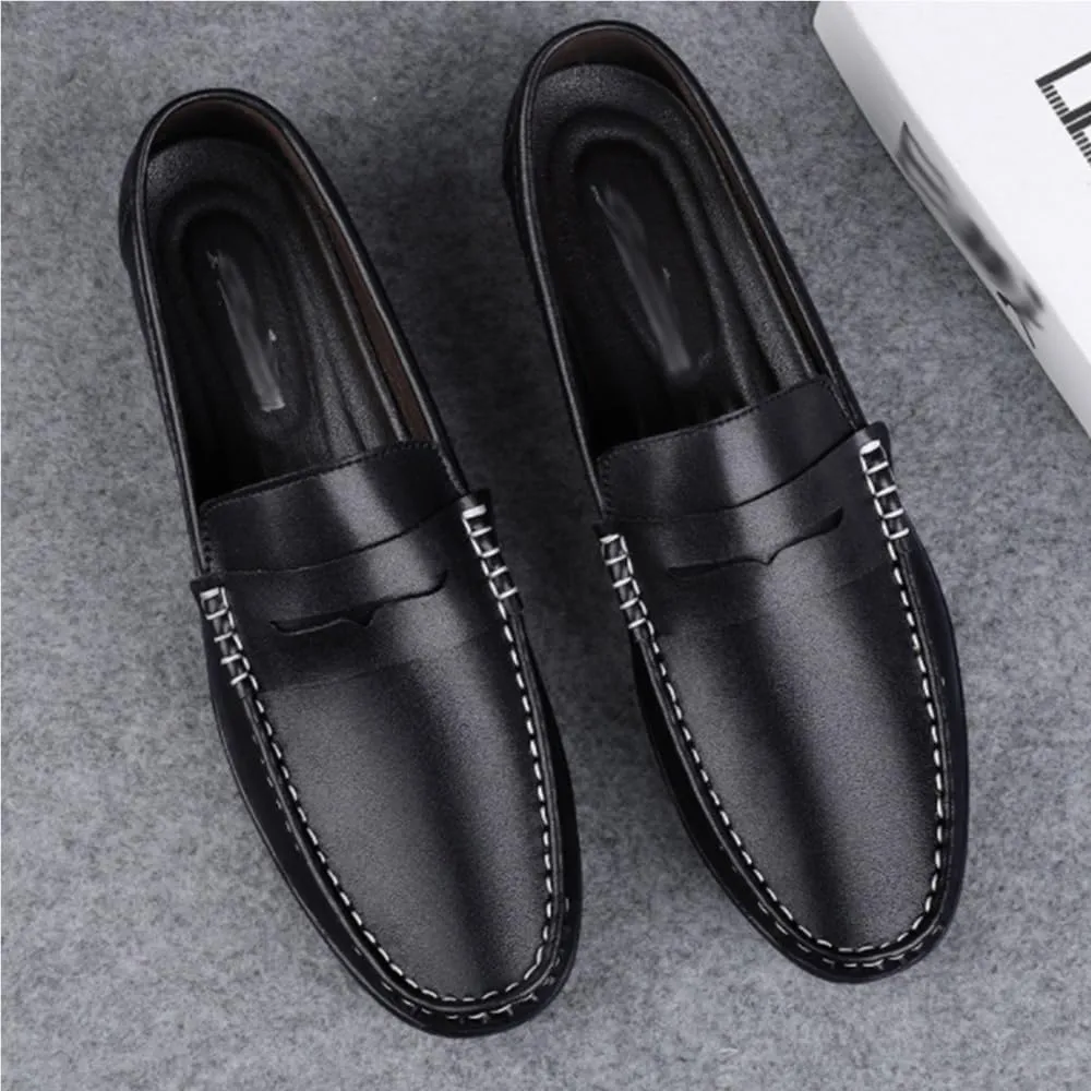 Mens Loafers Shoe Round Toe Simple Leather Slip Resistant Lightweight Fashion Slip-ons