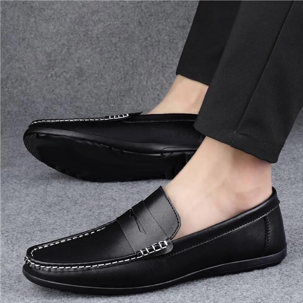 Mens Loafers Shoe Round Toe Simple Leather Slip Resistant Lightweight Fashion Slip-ons