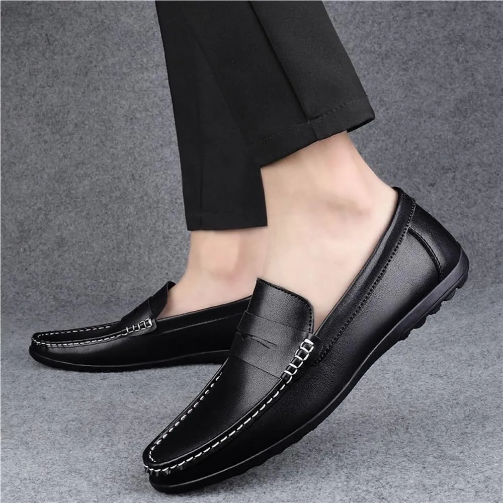 Mens Loafers Shoe Round Toe Simple Leather Slip Resistant Lightweight Fashion Slip-ons