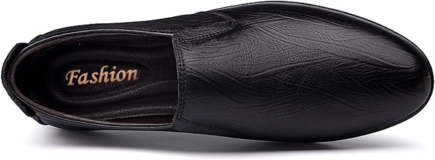Men's Loafers Shoes Cowhide Round Toe Slip Resistant Flat Heel Flexible Classic Slip-ons