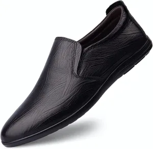 Men's Loafers Shoes Cowhide Round Toe Slip Resistant Flat Heel Flexible Classic Slip-ons