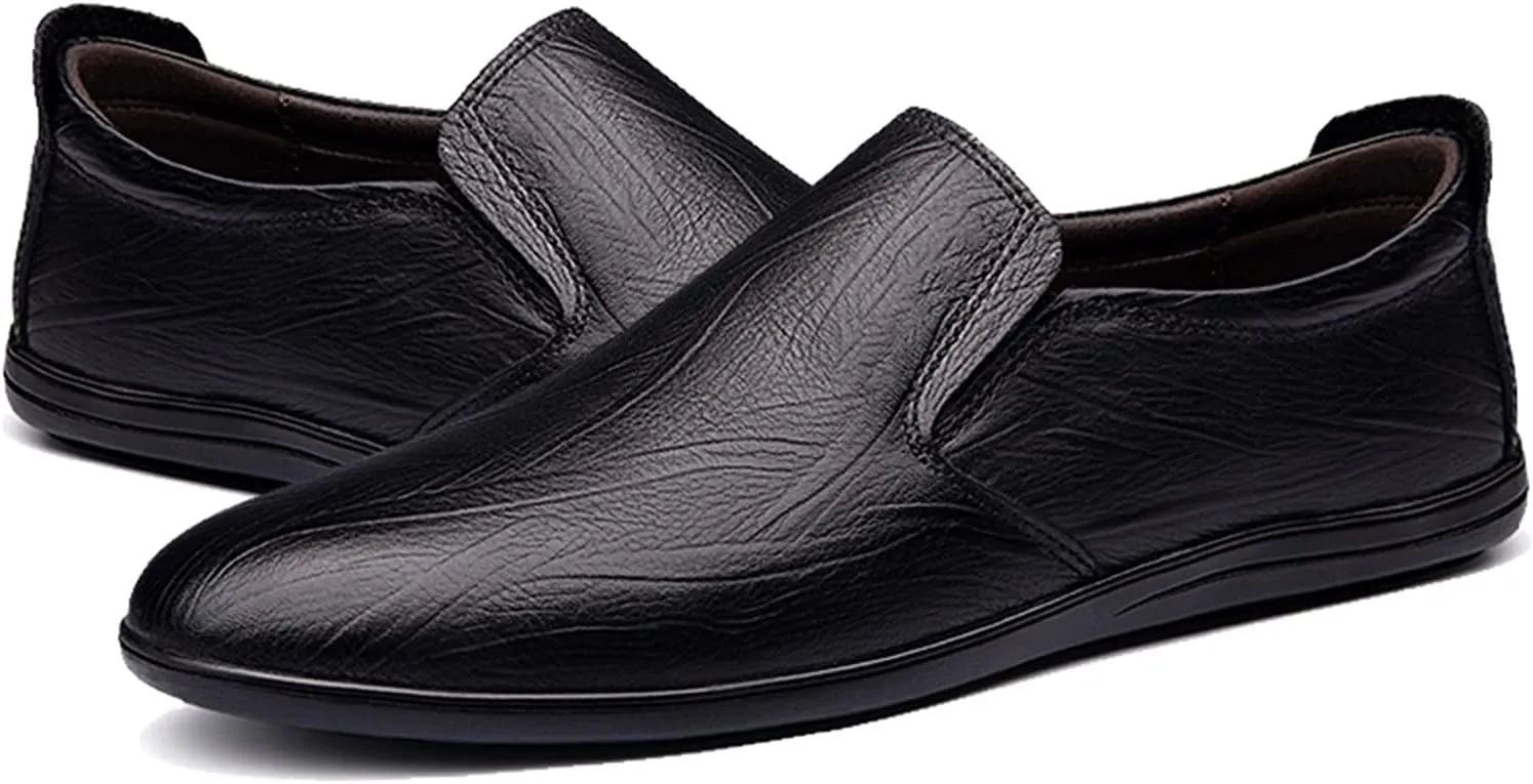 Men's Loafers Shoes Cowhide Round Toe Slip Resistant Flat Heel Flexible Classic Slip-ons