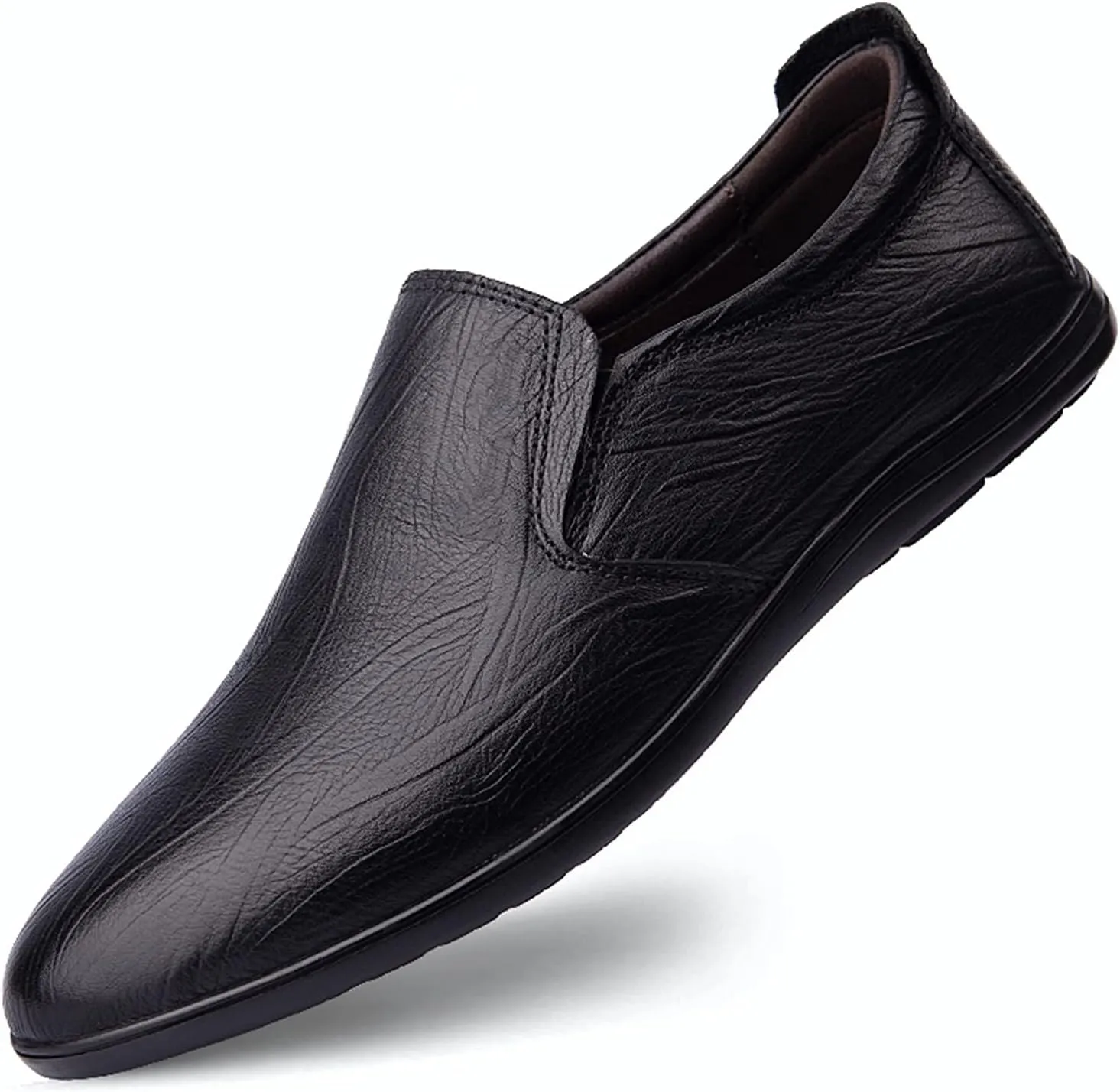 Men's Loafers Shoes Cowhide Round Toe Slip Resistant Flat Heel Flexible Classic Slip-ons