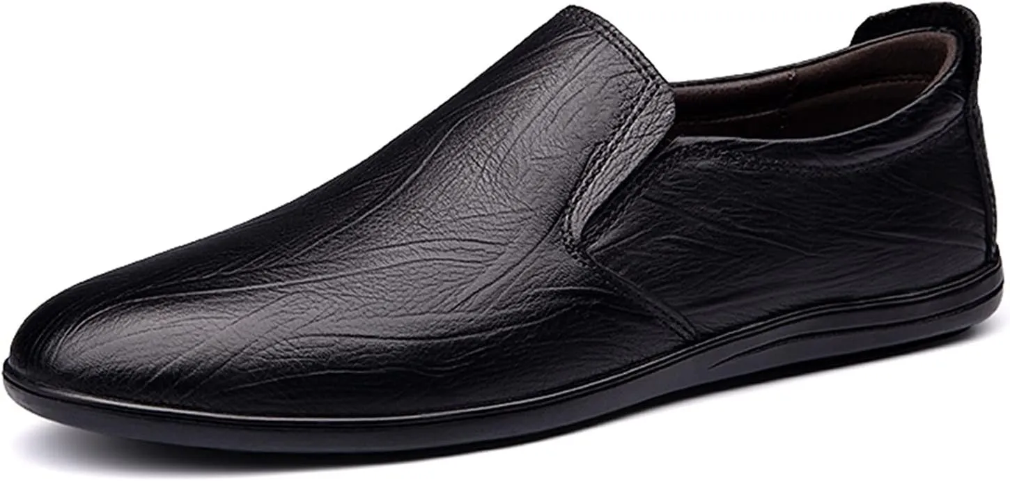 Men's Loafers Shoes Cowhide Round Toe Slip Resistant Flat Heel Flexible Classic Slip-ons