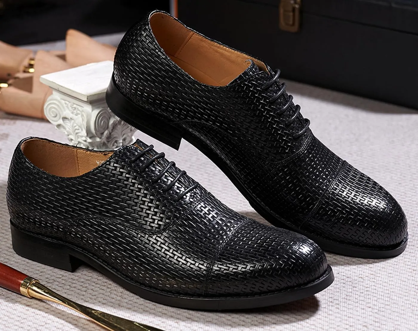 Mens Oxfords Formal Dress Suit Shoes Genunie Leather Woven Pattern Modern Shoes Men's Fashion Prom Wedding Business Casual Derby Comfortable Tuxedo Shoes for Men