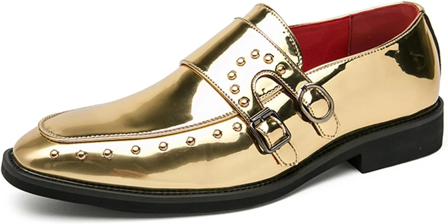 Men's Patent Leather Double Monk Strap Loafer Pointed Toe Slip On Western Wedding Formal Business Casual Comfort Dress Oxford Shoes
