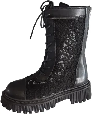 Mid Calf Boots for Women Low Heel Leather Lace Up Short Boots Waterproof Slip on Comfortable Fall Winter Boots Black Zipper Retro Booties for Women Ladies Boots