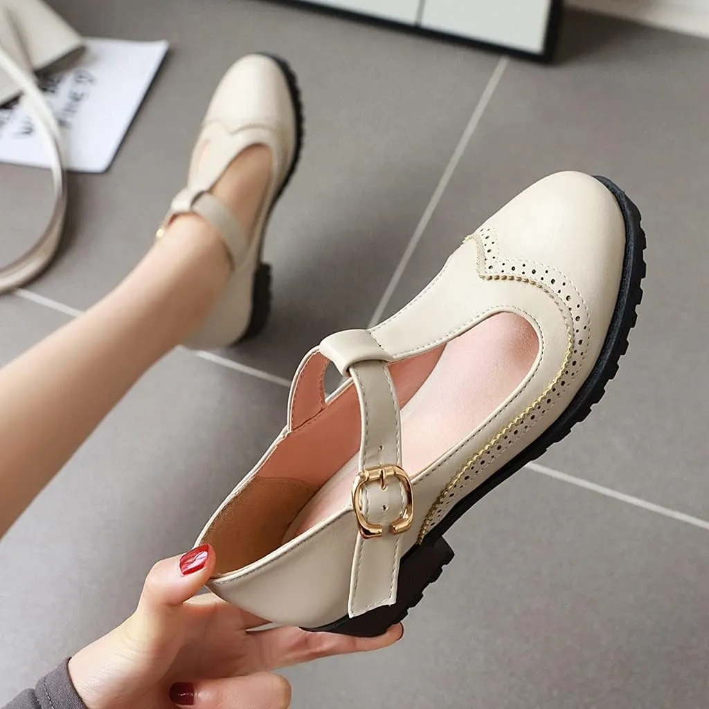 MIOKE Women's Round Toe Mary Jane Tassel Oxford Pumps T-Strap Comfort Low Heel Retro Fringed Dress Shoes