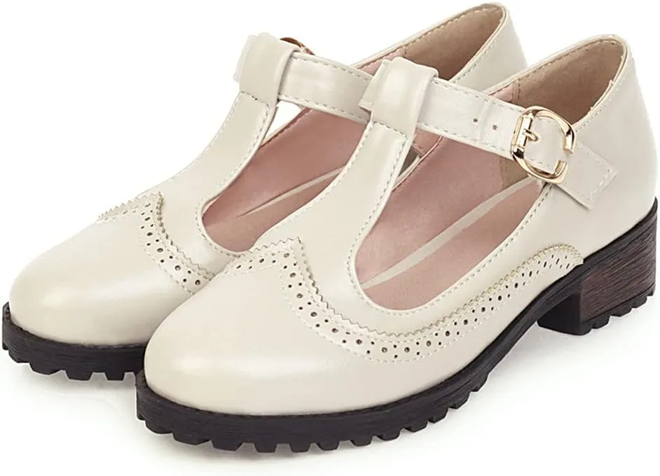MIOKE Women's Round Toe Mary Jane Tassel Oxford Pumps T-Strap Comfort Low Heel Retro Fringed Dress Shoes