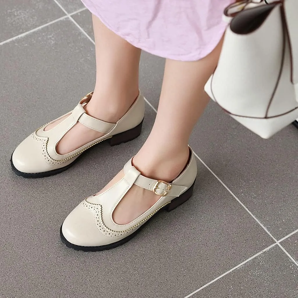 MIOKE Women's Round Toe Mary Jane Tassel Oxford Pumps T-Strap Comfort Low Heel Retro Fringed Dress Shoes