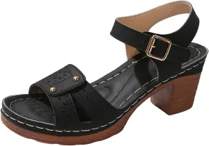Platform High Heels for Women Summer Comfortable Adjustable Casual Non Slip Sandals Round Open Toe Ankle Strap Slingback Sandals Hollow Out Breathable Leather Shoes