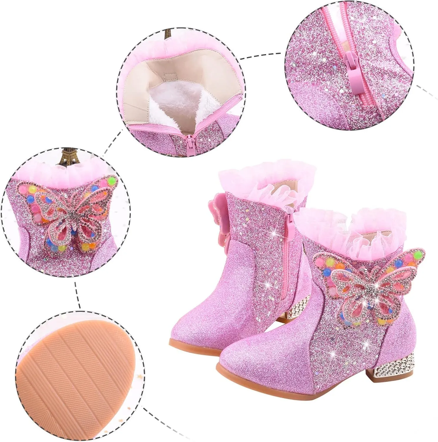 Princess Girls Ankle Boots Kids Shine Zipper Butterfly Decoration Comfortable Slip on Lug Sole helsea Tall
