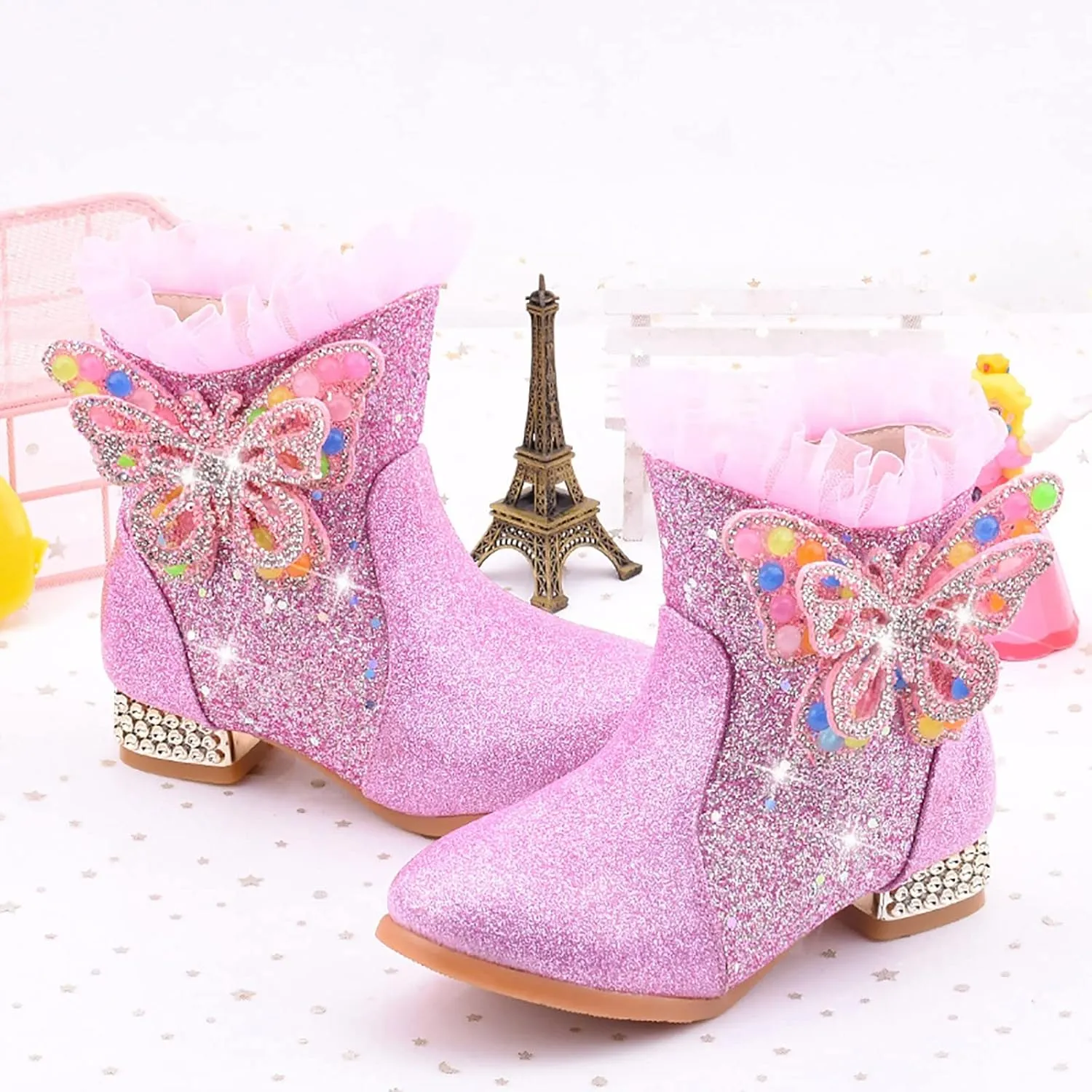 Princess Girls Ankle Boots Kids Shine Zipper Butterfly Decoration Comfortable Slip on Lug Sole helsea Tall