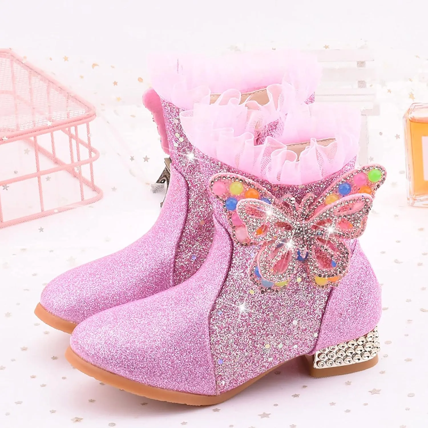 Princess Girls Ankle Boots Kids Shine Zipper Butterfly Decoration Comfortable Slip on Lug Sole helsea Tall