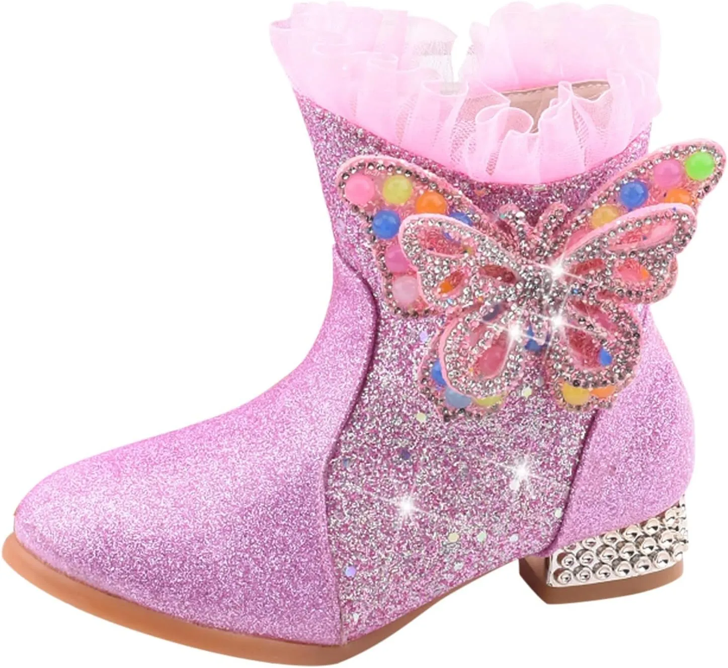 Princess Girls Ankle Boots Kids Shine Zipper Butterfly Decoration Comfortable Slip on Lug Sole helsea Tall