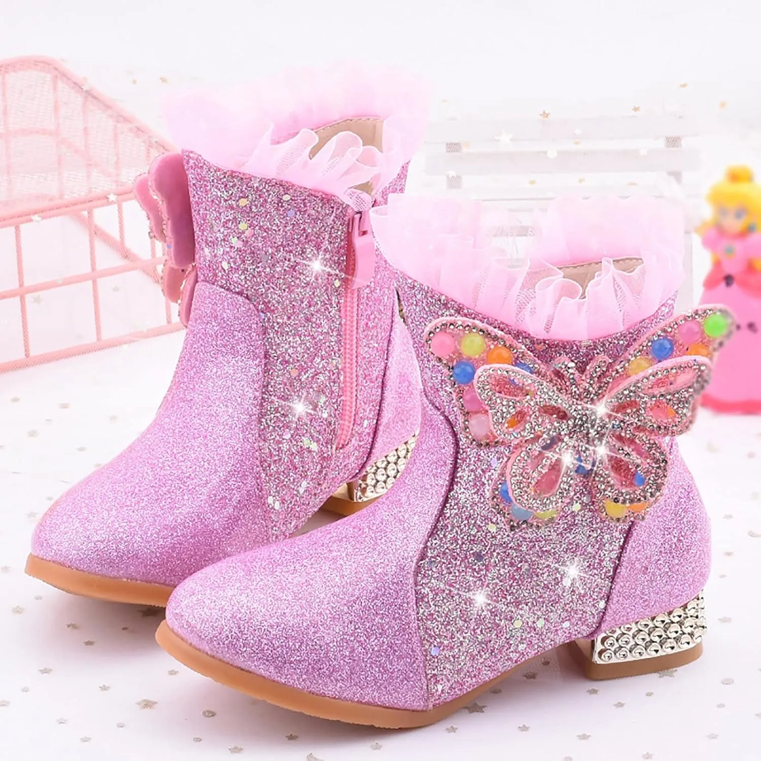 Princess Girls Ankle Boots Kids Shine Zipper Butterfly Decoration Comfortable Slip on Lug Sole helsea Tall