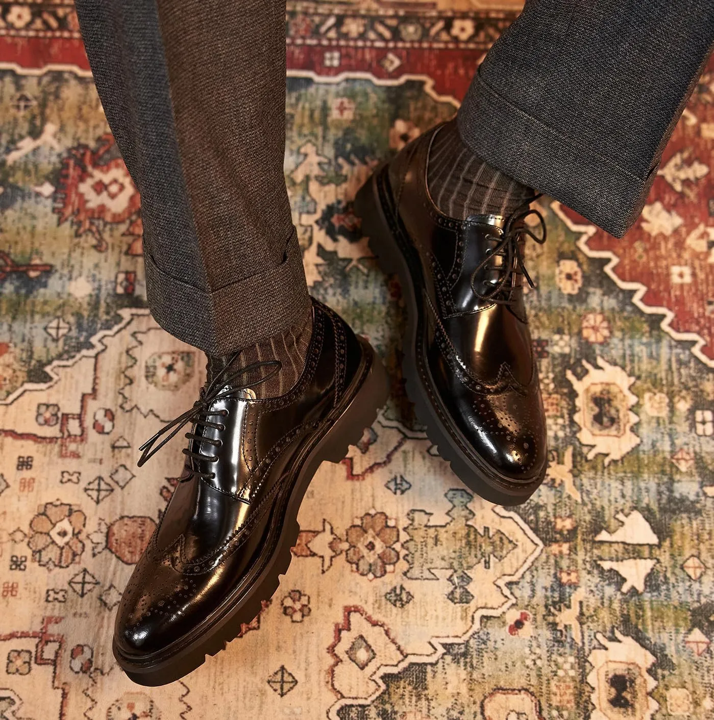 Santimon Men's Oxfords Black Formal Dress Leather Handmade Unique Square Toe Brogues Oxford Derby Shoes Casual Business Shoes for Men