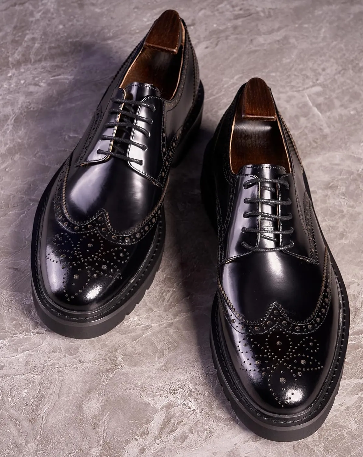 Santimon Men's Oxfords Black Formal Dress Leather Handmade Unique Square Toe Brogues Oxford Derby Shoes Casual Business Shoes for Men