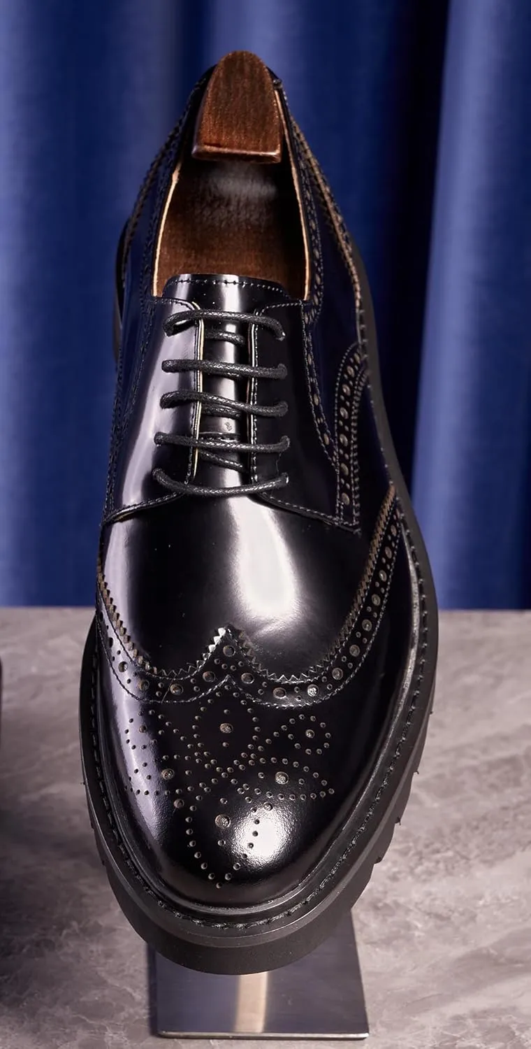 Santimon Men's Oxfords Black Formal Dress Leather Handmade Unique Square Toe Brogues Oxford Derby Shoes Casual Business Shoes for Men