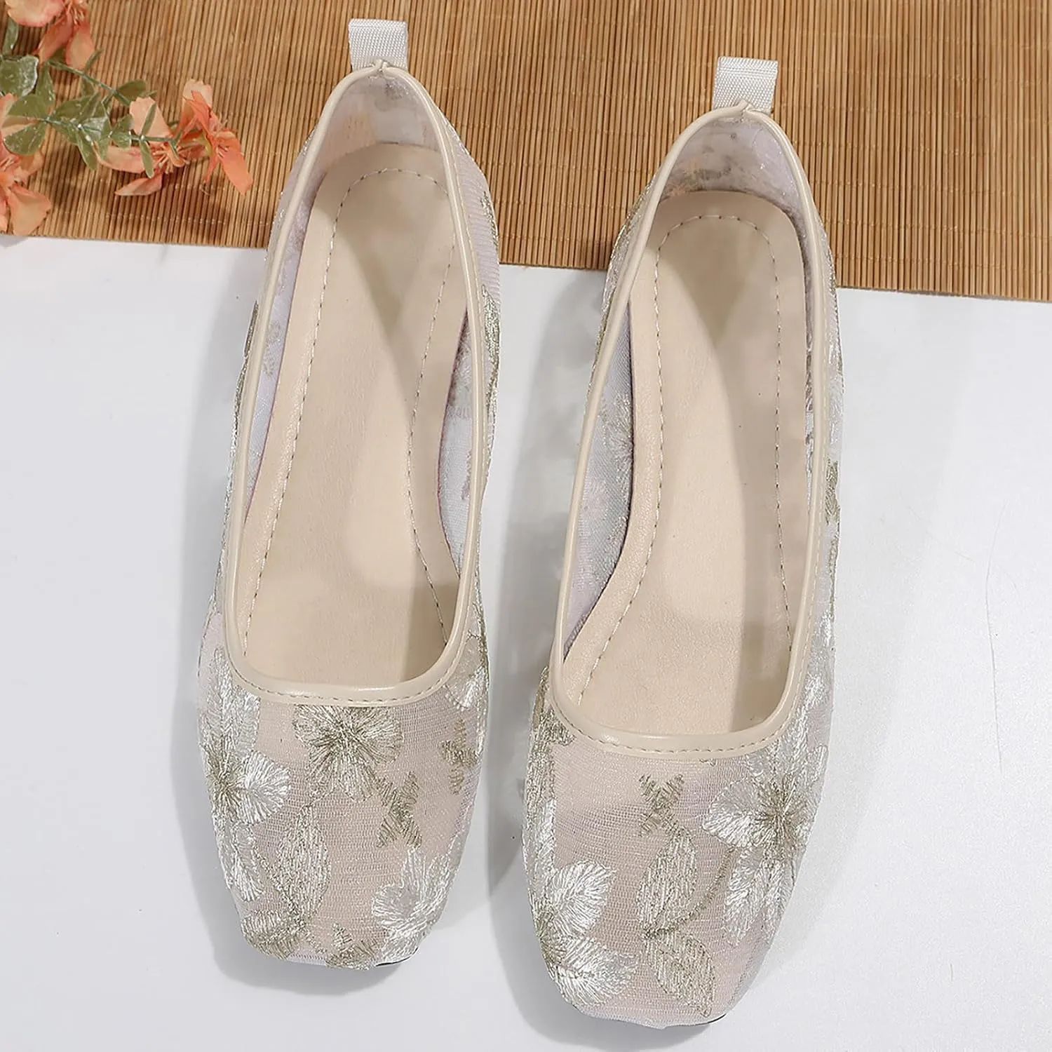 Shoes Women Dressy Casual Comfortable Leisure Women's Four Seasons Embroidered Flowers Non Slip Flat Square Toe Breathable