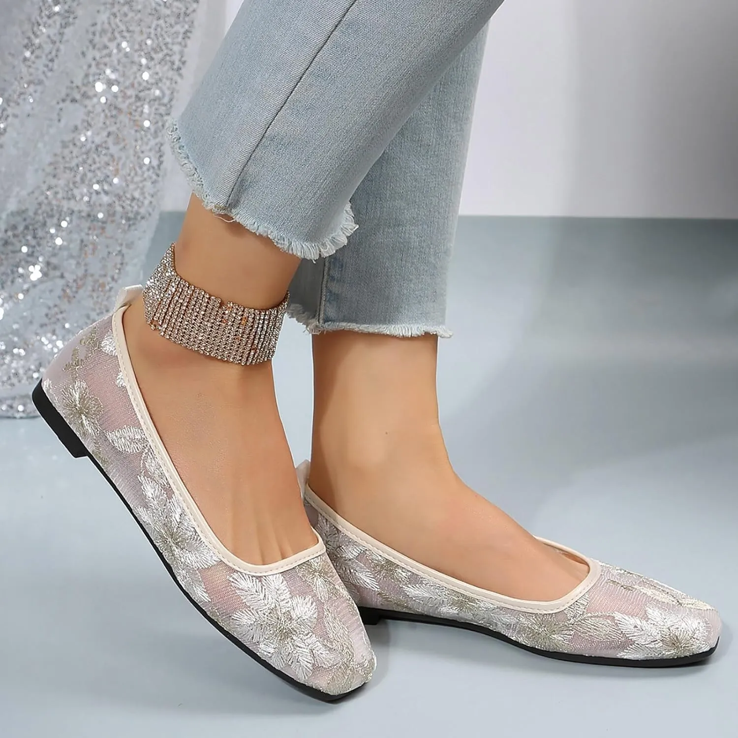 Shoes Women Dressy Casual Comfortable Leisure Women's Four Seasons Embroidered Flowers Non Slip Flat Square Toe Breathable