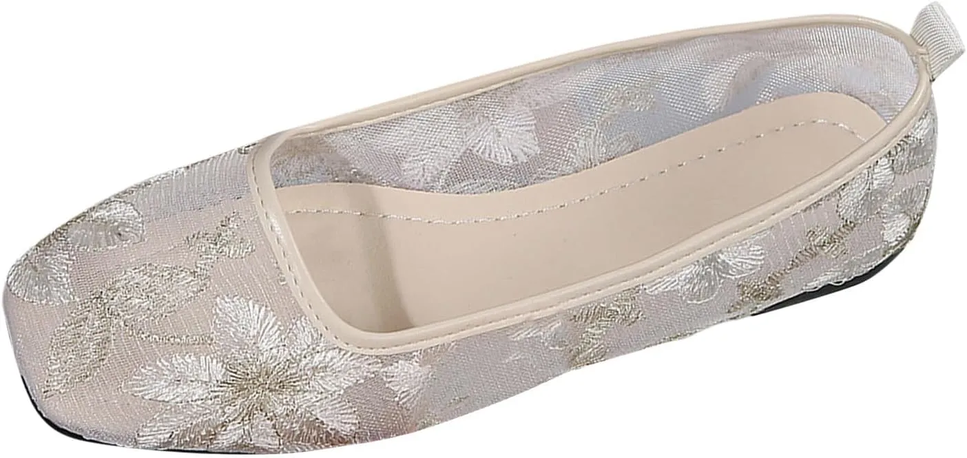 Shoes Women Dressy Casual Comfortable Leisure Women's Four Seasons Embroidered Flowers Non Slip Flat Square Toe Breathable