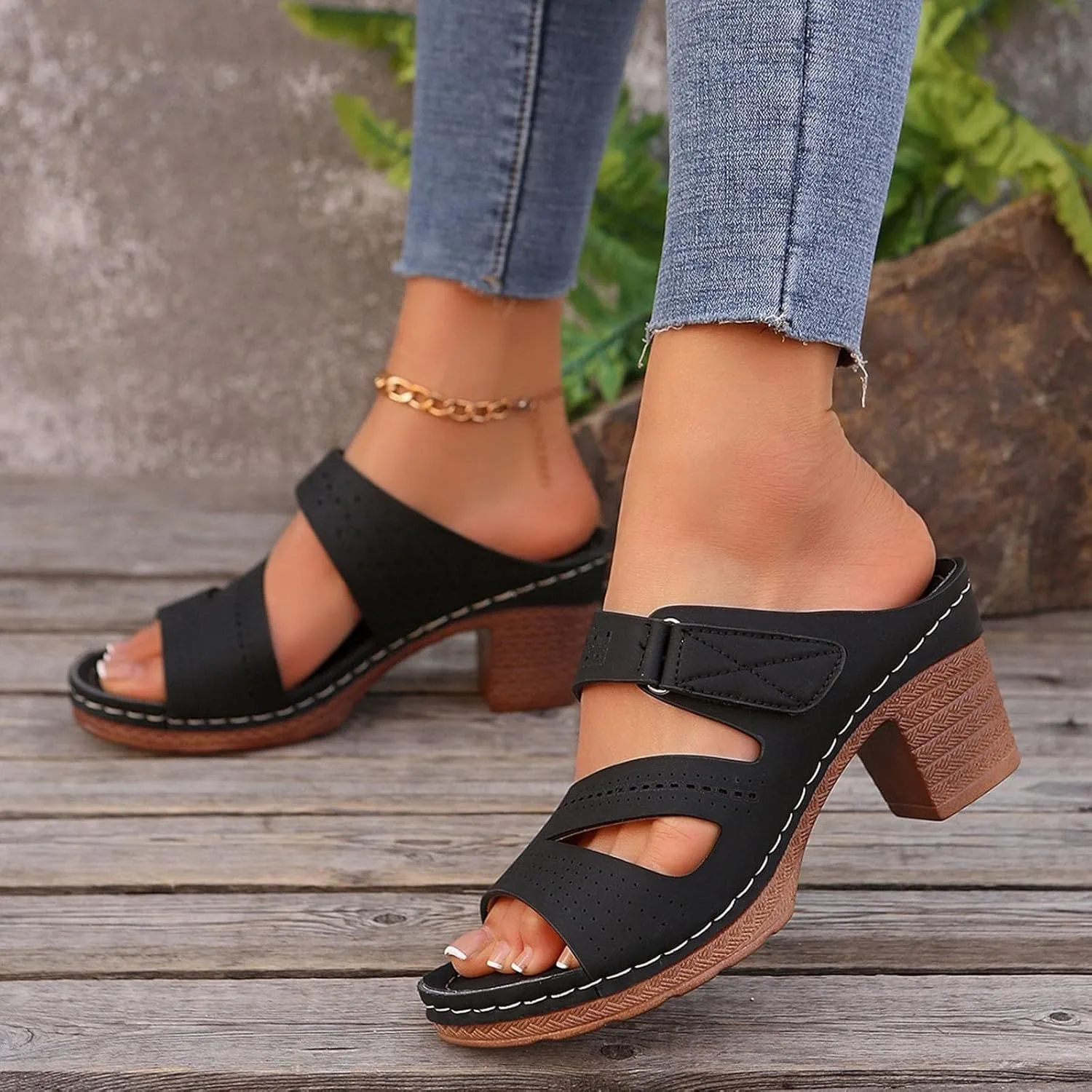 Summer Sandals for Women 2025 Dressy Platform Fashion Wedges Mid Chunky Heels Low Block Heeled Open Toe Slides Wedding Party Dress Sandal Casual Mules Slip-on Shoes