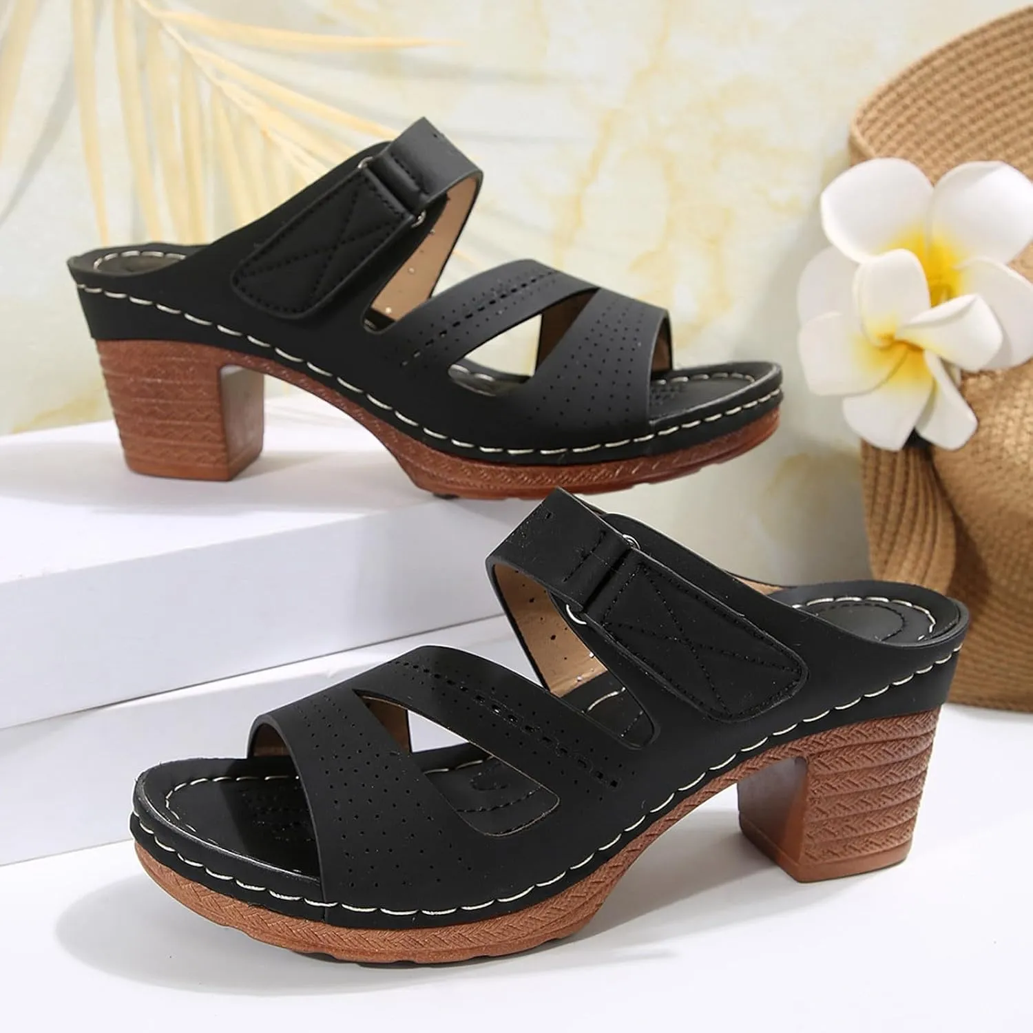 Summer Sandals for Women 2025 Dressy Platform Fashion Wedges Mid Chunky Heels Low Block Heeled Open Toe Slides Wedding Party Dress Sandal Casual Mules Slip-on Shoes