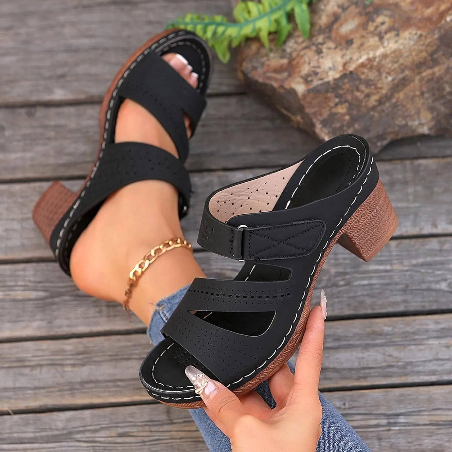 Summer Sandals for Women 2025 Dressy Platform Fashion Wedges Mid Chunky Heels Low Block Heeled Open Toe Slides Wedding Party Dress Sandal Casual Mules Slip-on Shoes